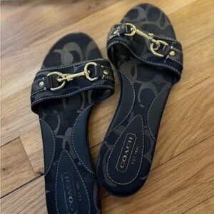 Coach Black Signature Logo Slide Sandals with Gold Horsebit
